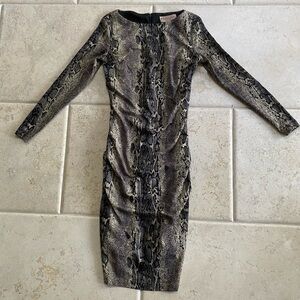 Philosophy Pencil Dress Stretch Ruched Jersey Size S Gray/Taupe Python Print